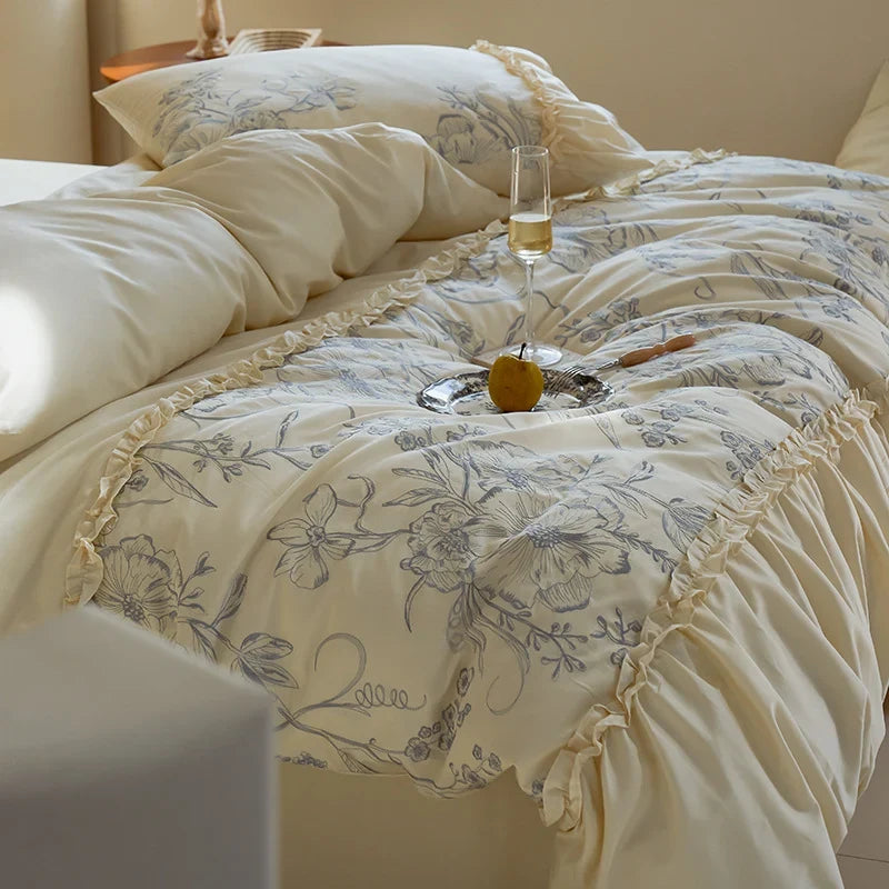 Bedspread & Pillow Set Floral Ruffle Satin-Like Cotton