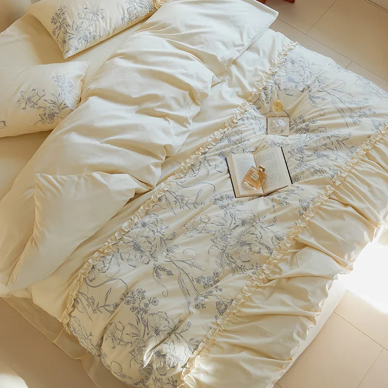 Bedspread & Pillow Set Floral Ruffle Satin-Like Cotton