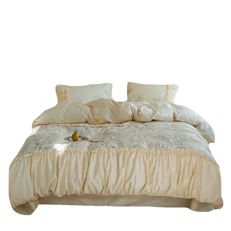 Bedspread & Pillow Set Floral Ruffle Satin-Like Cotton