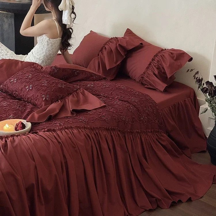 Bedspread & Pillowcase Set 3D Floral Embroidery Velvety Satin