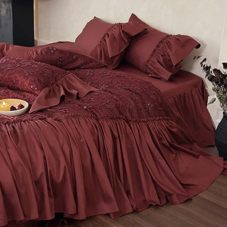 Bedspread & Pillowcase Set 3D Floral Embroidery Velvety Satin