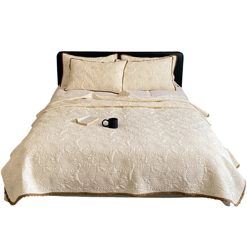 Bedspread Set Cotton-Linen Blend Continuous Floral Quilting Crocheted Edge