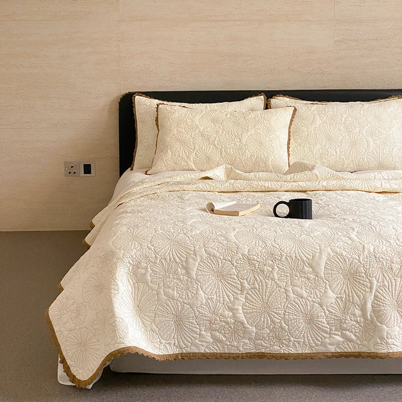 Bedspread Set Cotton-Linen Blend Continuous Floral Quilting Crocheted Edge