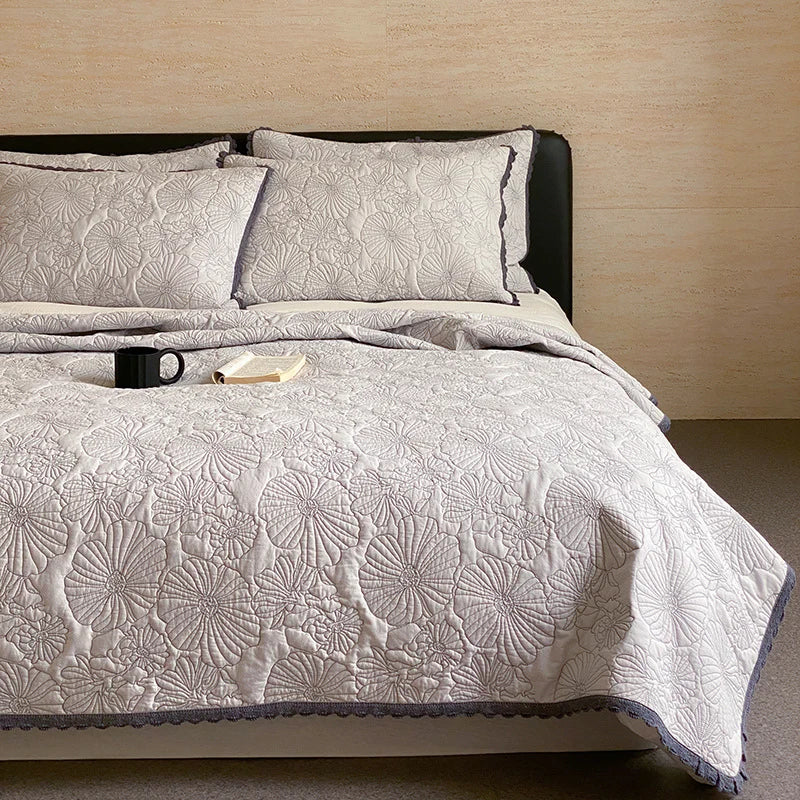 Bedspread Set Cotton-Linen Blend Continuous Floral Quilting Crocheted Edge