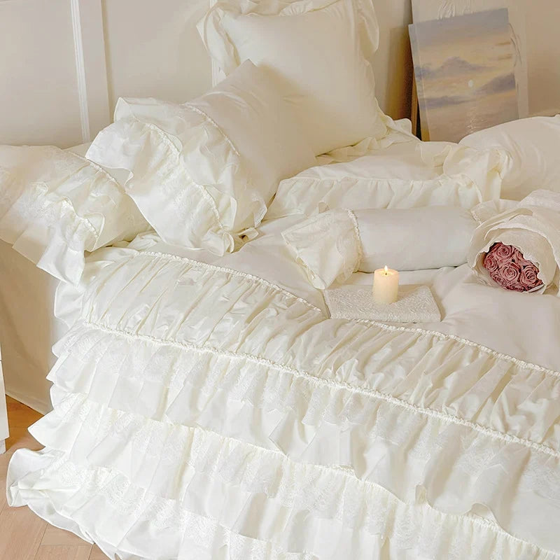 Bedspread Set Multilayered Ruffle & Lace Cotton Blend