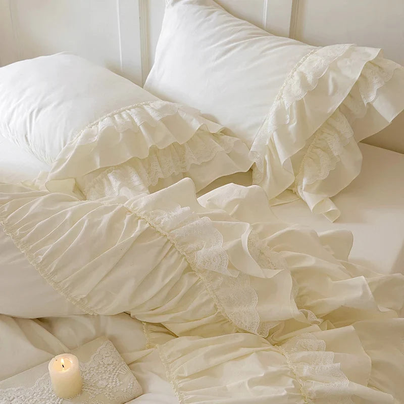 Bedspread Set Multilayered Ruffle & Lace Cotton Blend