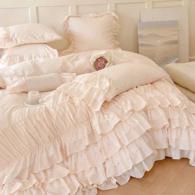 Bedspread Set Multilayered Ruffle & Lace Cotton Blend