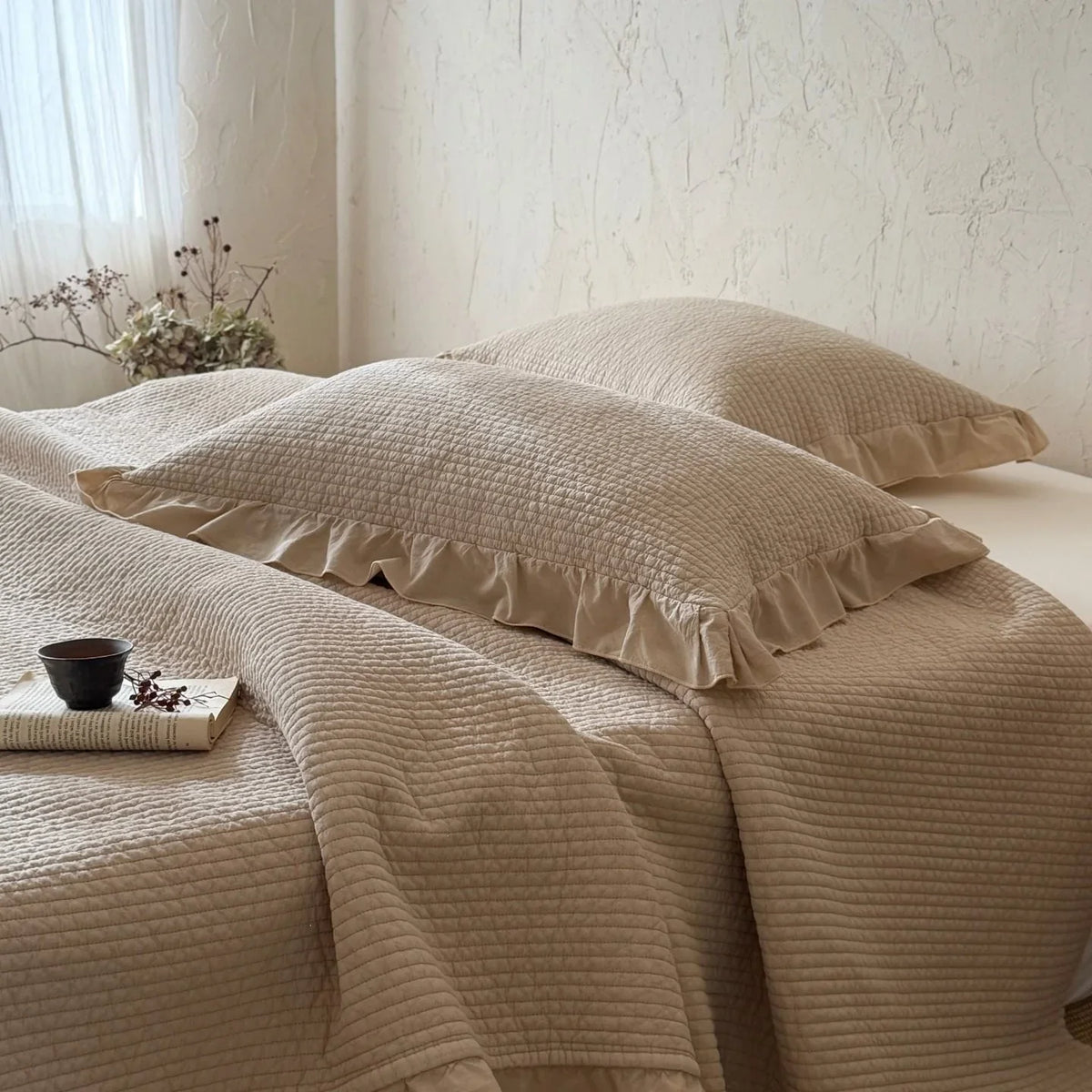 Bedspread Set Quilted Cotton Ruffled Edge With Pillowcases