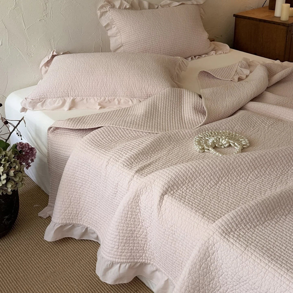 Bedspread Set Quilted Cotton Ruffled Edge With Pillowcases
