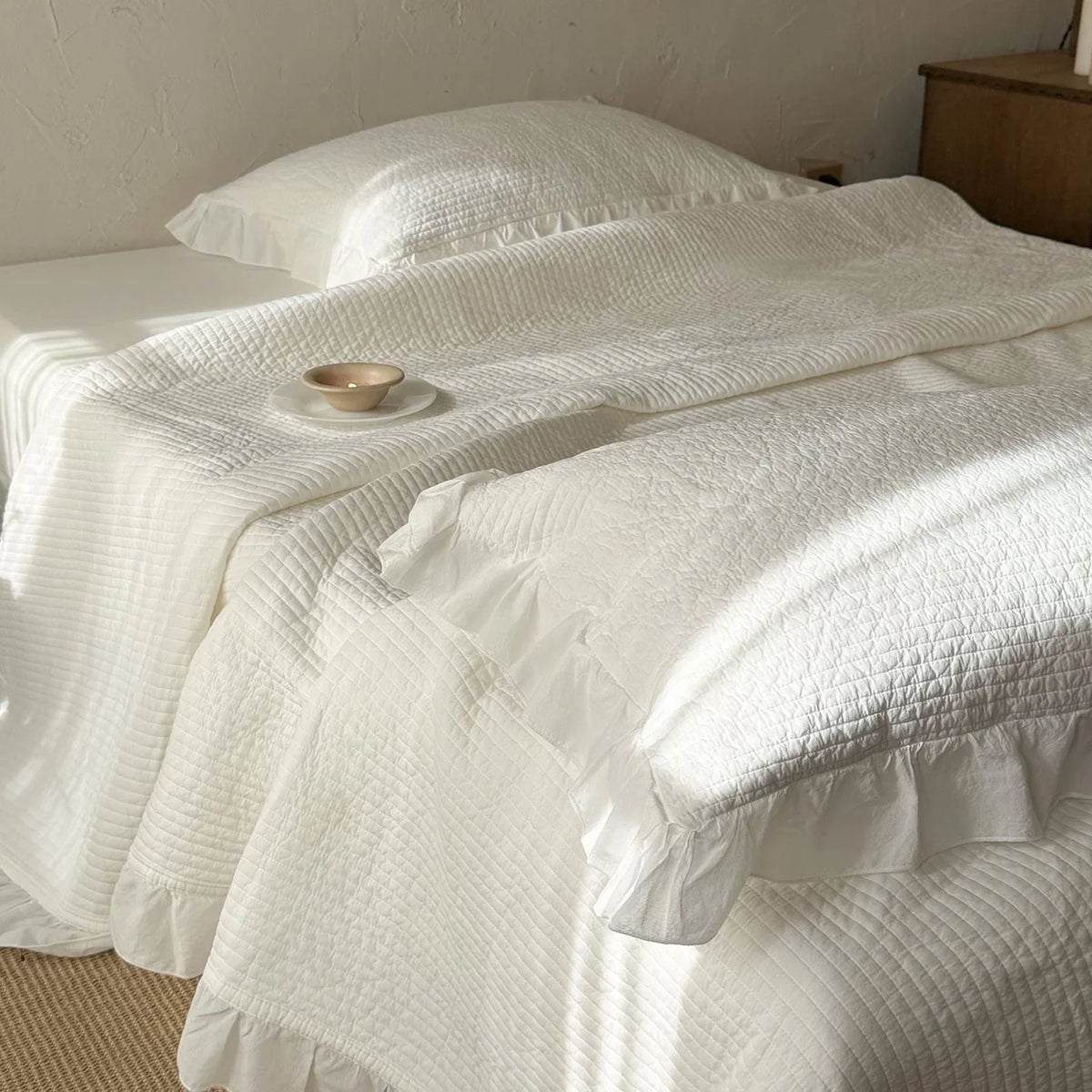 Bedspread Set Quilted Cotton Ruffled Edge With Pillowcases