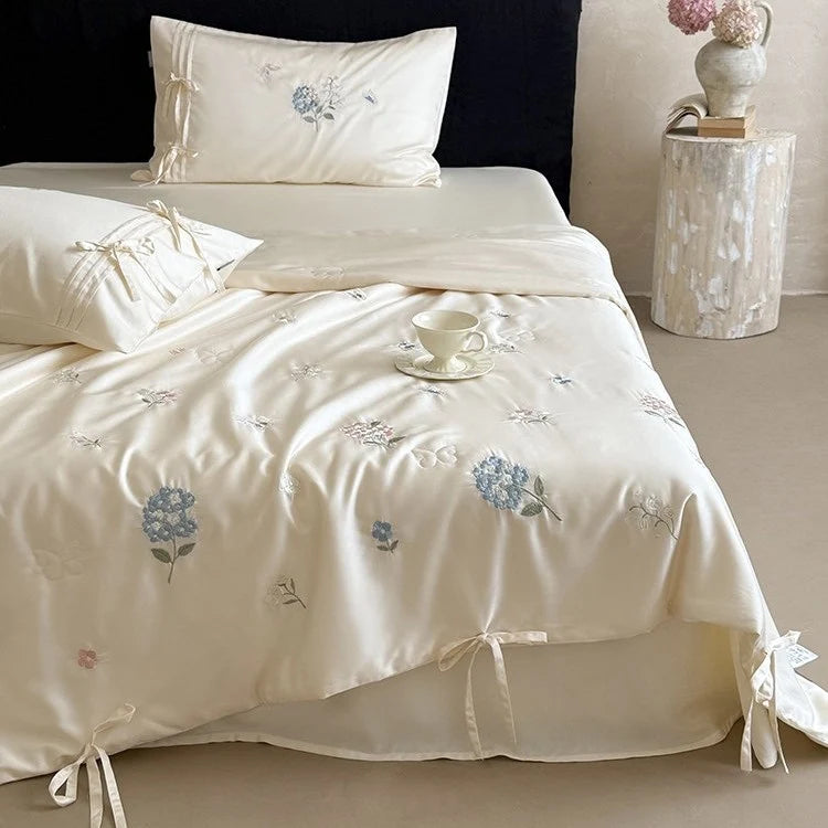 Bedspread Set Silky Satin Hand Embroidered Secure Ties