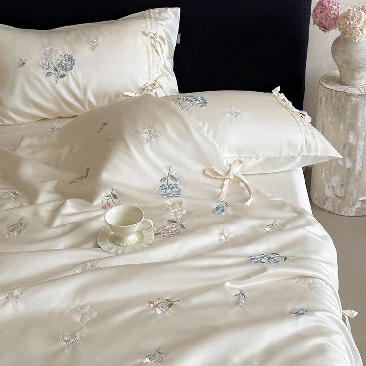 Bedspread Set Silky Satin Hand Embroidered Secure Ties