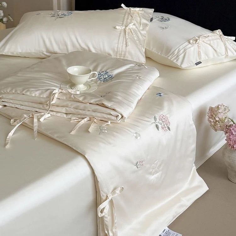 Bedspread Set Silky Satin Hand Embroidered Secure Ties