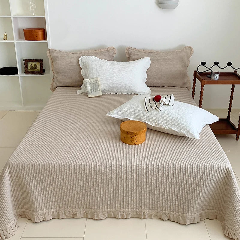 Bedspread Set Waffle Texture Ruffle Trim Quilted Pillowcase