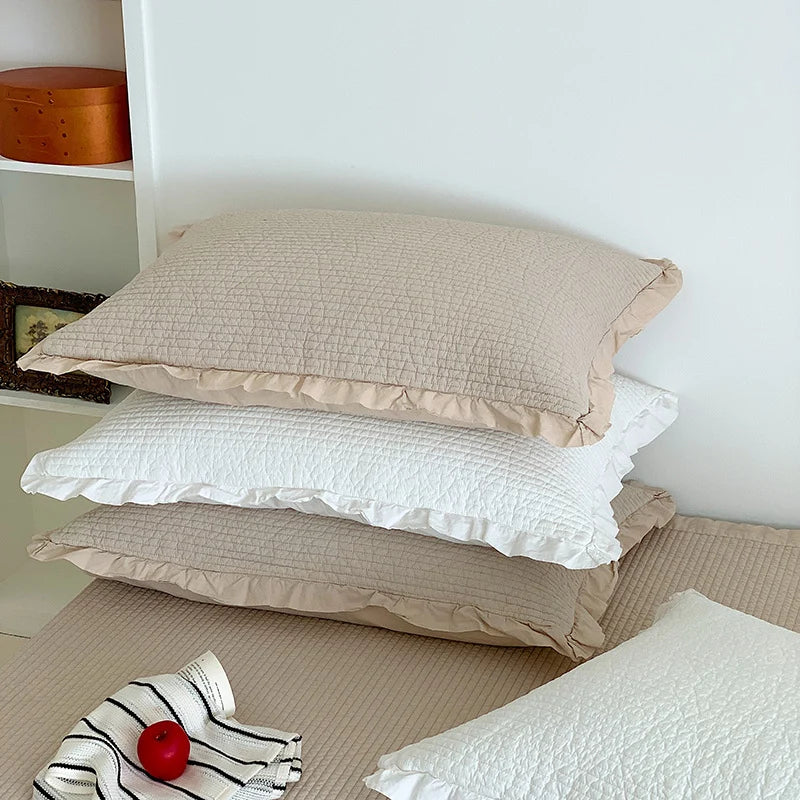 Bedspread Set Waffle Texture Ruffle Trim Quilted Pillowcase