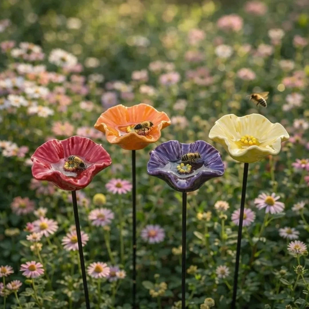 Bee Water Feeder Stakes Glazed Ceramic Flower Design