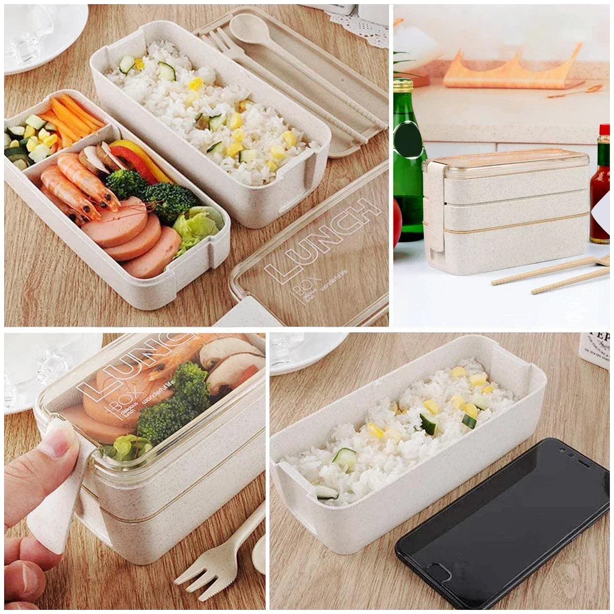 Bento Box Three-Tier Stackable Wheat Straw 900ml