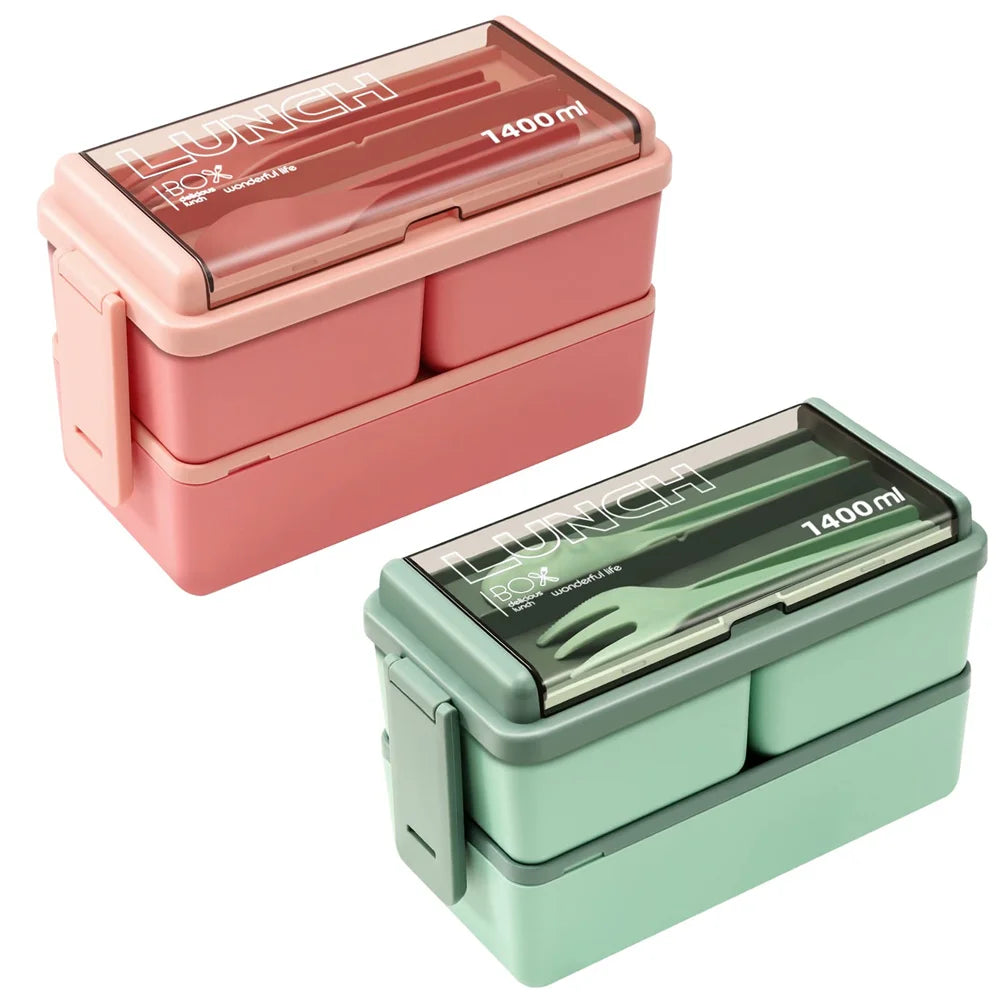 Bento Lunch Box Double-Layer Microwave Safe Fork & Spoon
