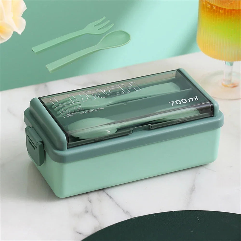 Bento Lunch Box Double-Layer Microwave Safe Fork & Spoon