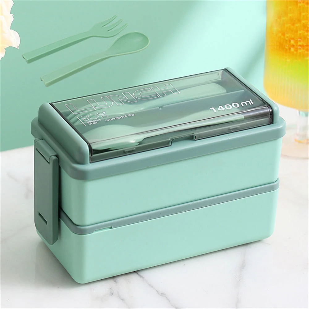 Bento Lunch Box Double-Layer Microwave Safe Fork & Spoon