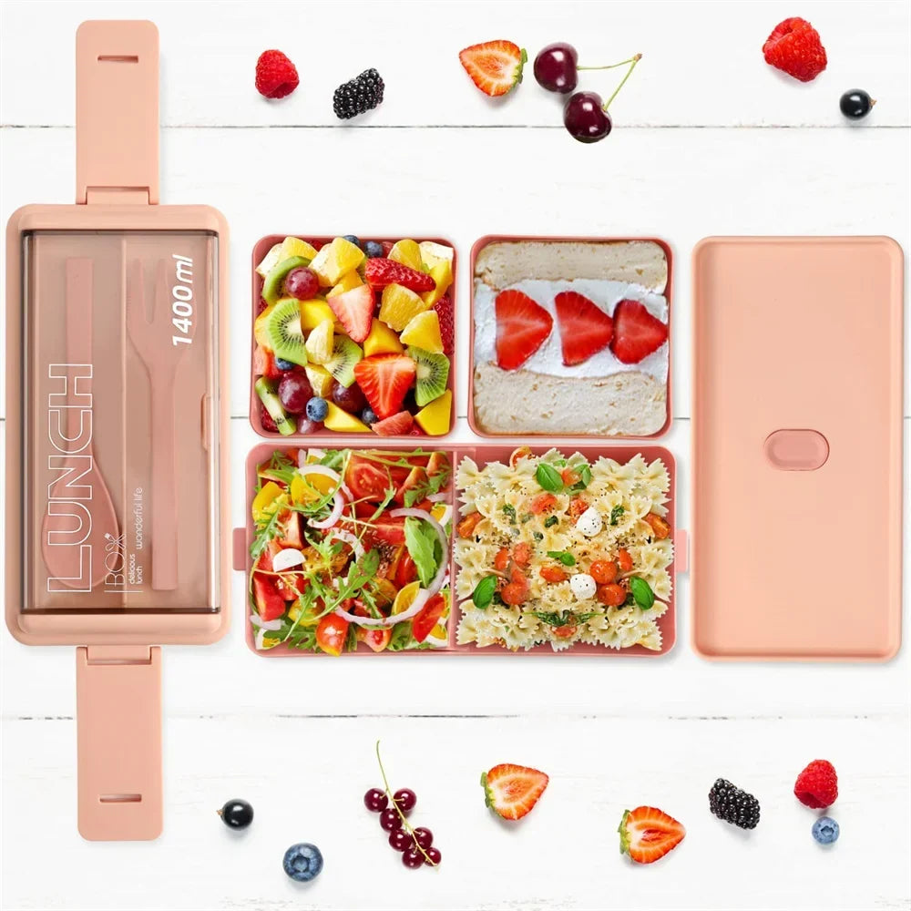 Bento Lunch Box Double-Layer Microwave Safe Fork & Spoon