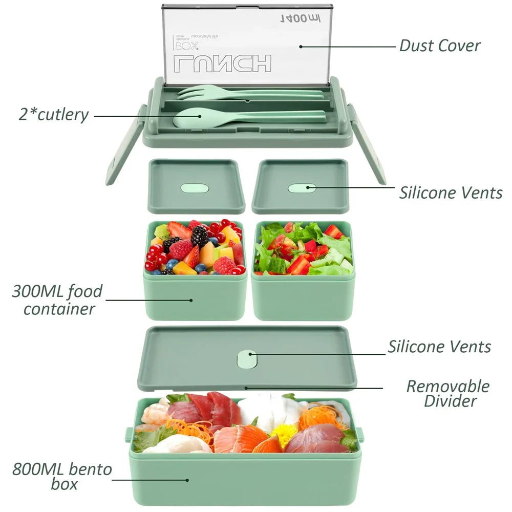 Bento Lunch Box Double-Layer Microwave Safe Fork & Spoon