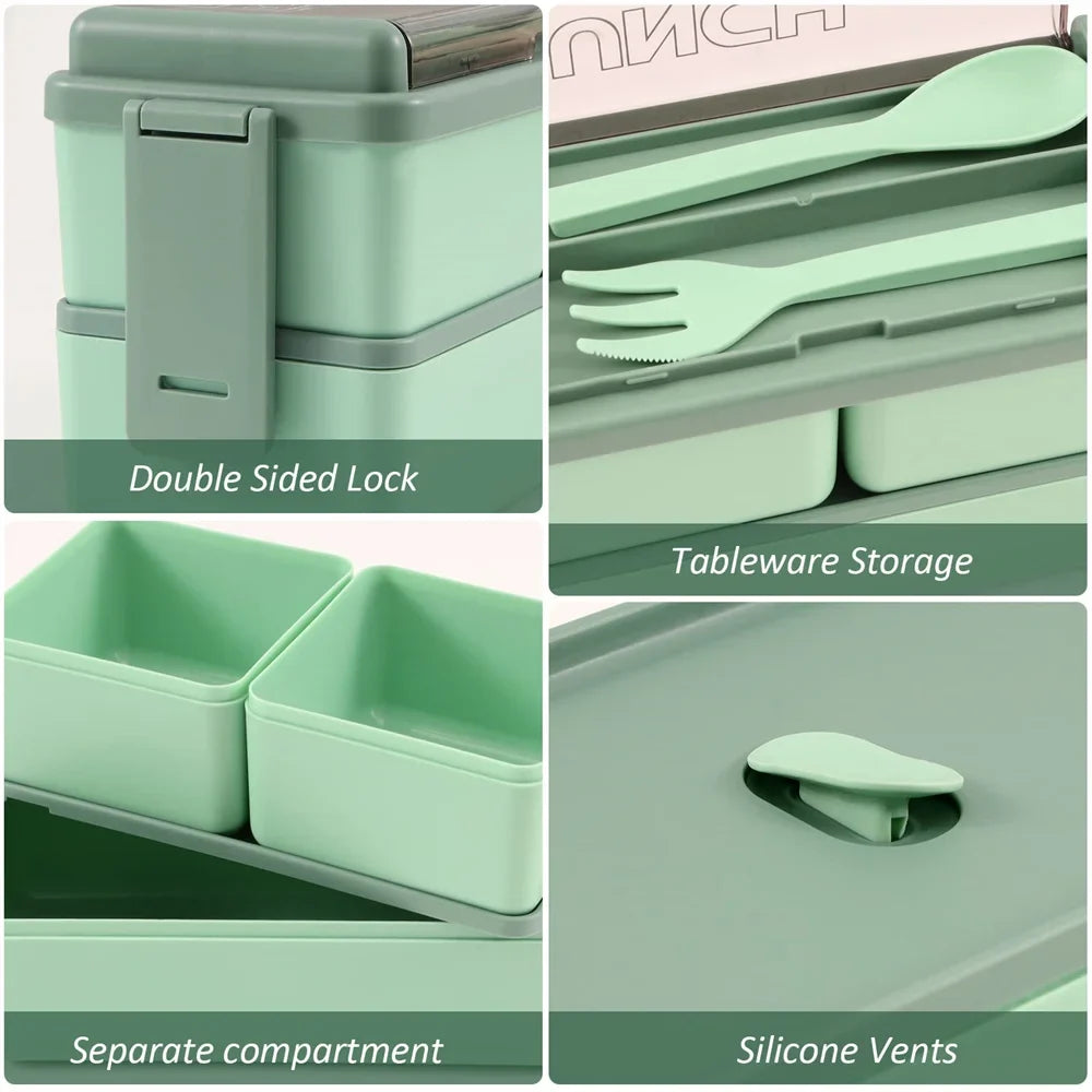 Bento Lunch Box Double-Layer Microwave Safe Fork & Spoon