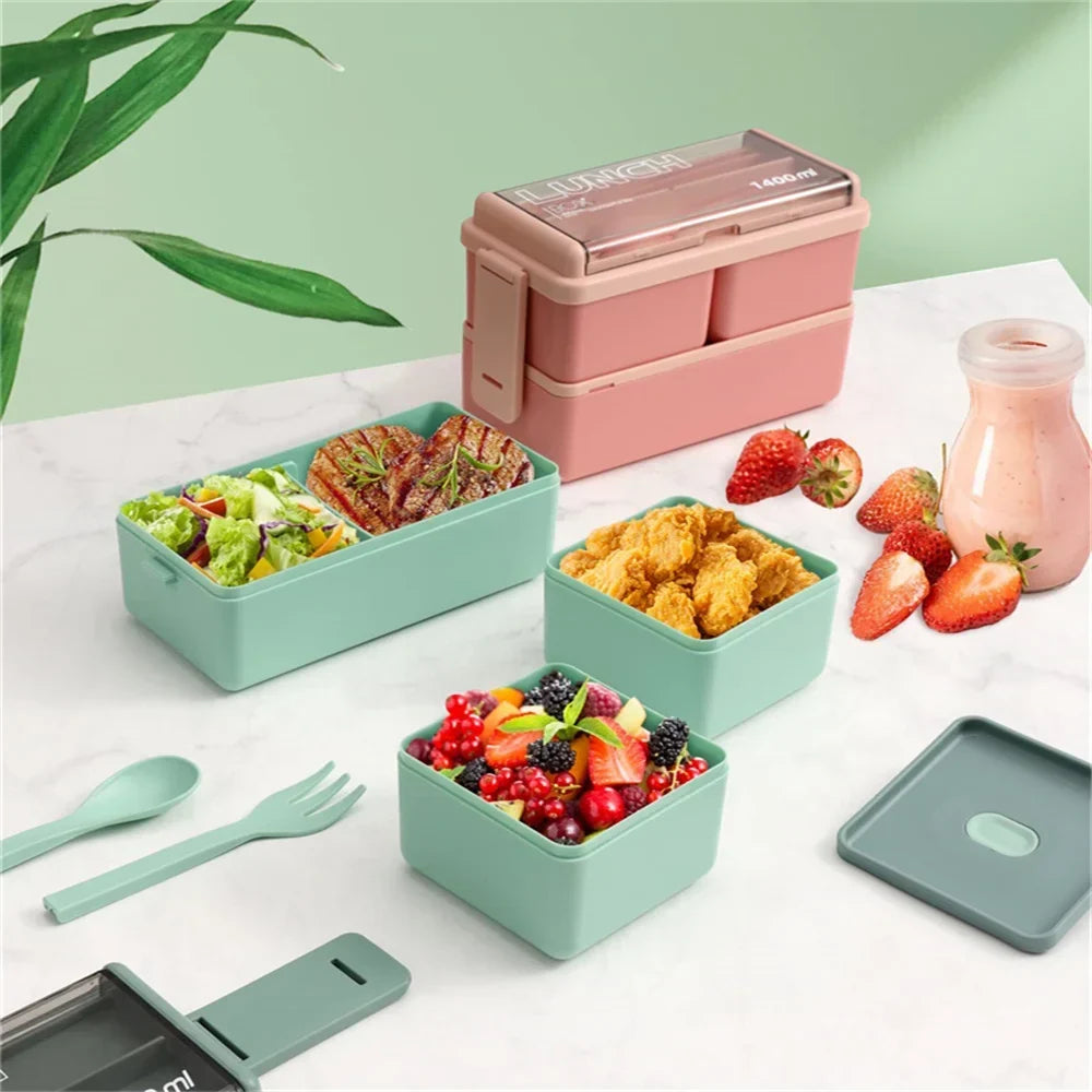 Bento Lunch Box Double-Layer Microwave Safe Fork & Spoon