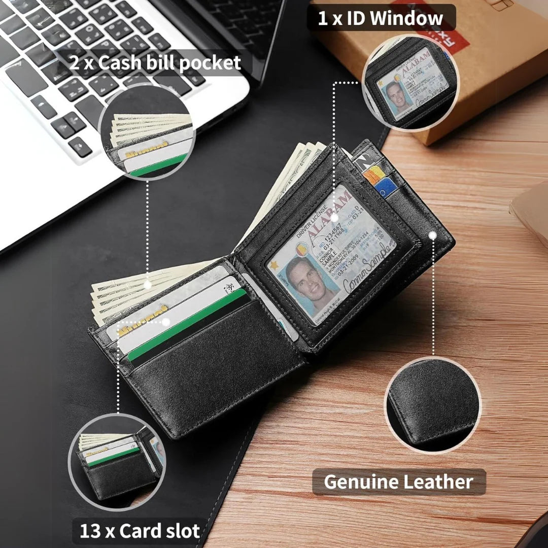 Bifold Wallet Genuine Leather RFID-Blocking 13 Card Slots