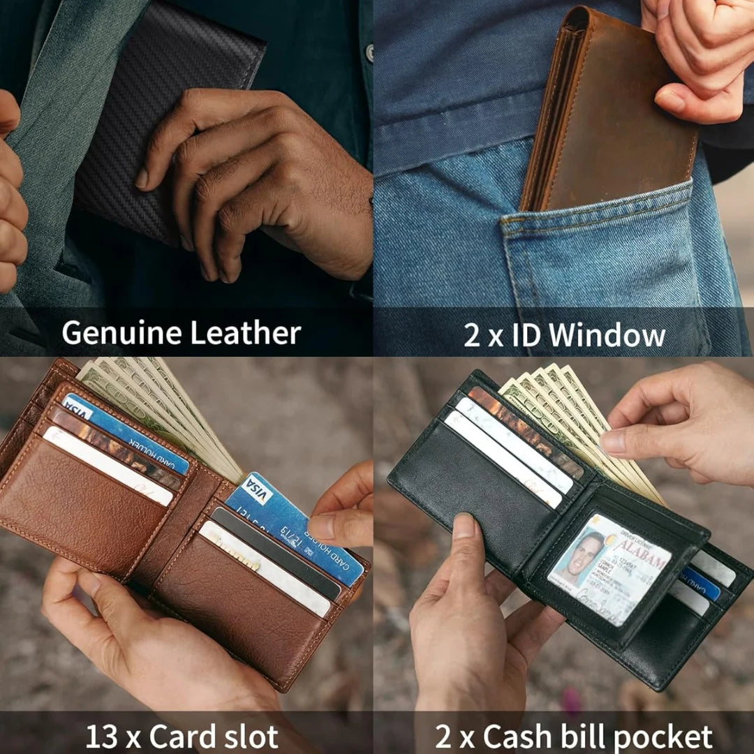 Bifold Wallet Genuine Leather RFID-Blocking 13 Card Slots