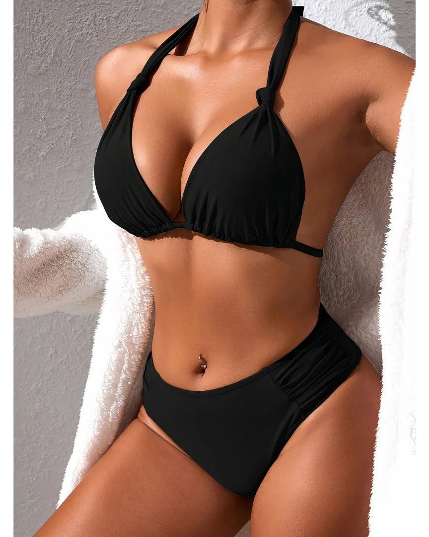 Bikini Set Triangle Halterneck Ruched Side Bottoms