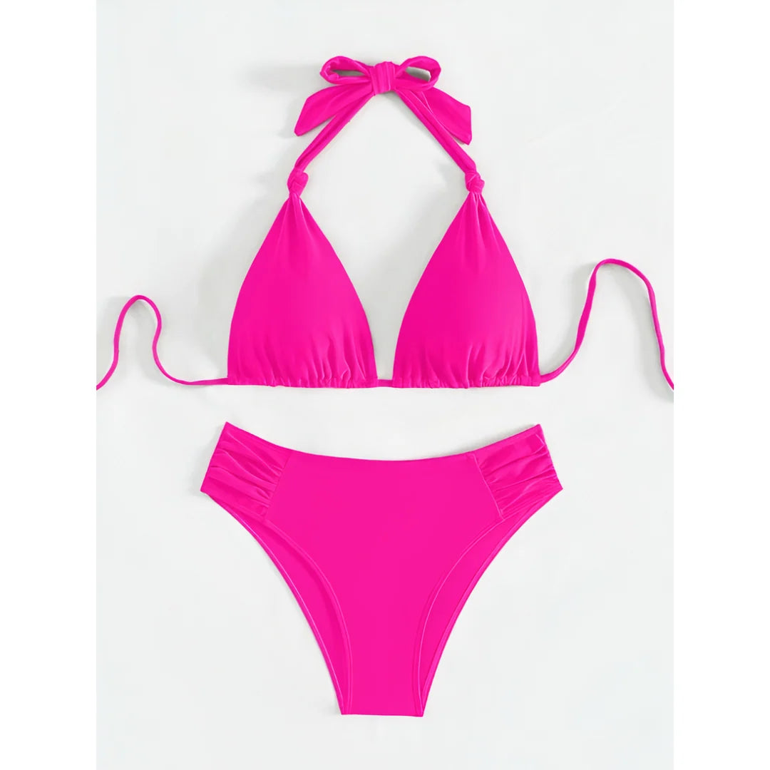 Bikini Set Triangle Halterneck Ruched Side Bottoms