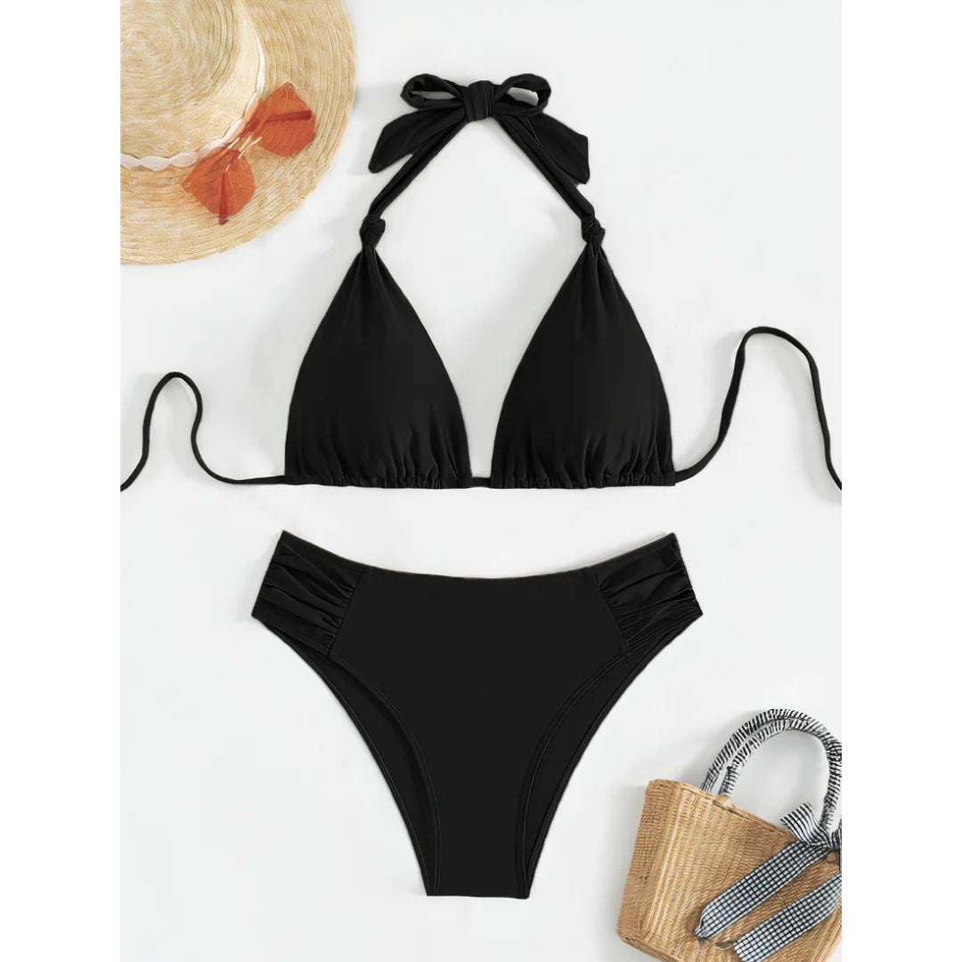 Bikini Set Triangle Halterneck Ruched Side Bottoms