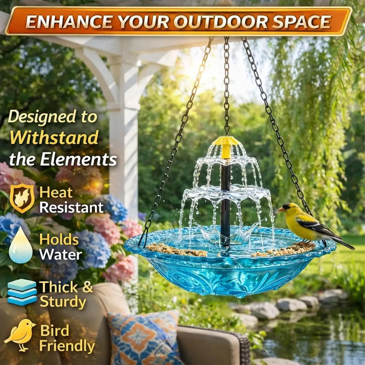 Bird Bath Fountain Solar-Powered Hanging Two-Tier Cascade