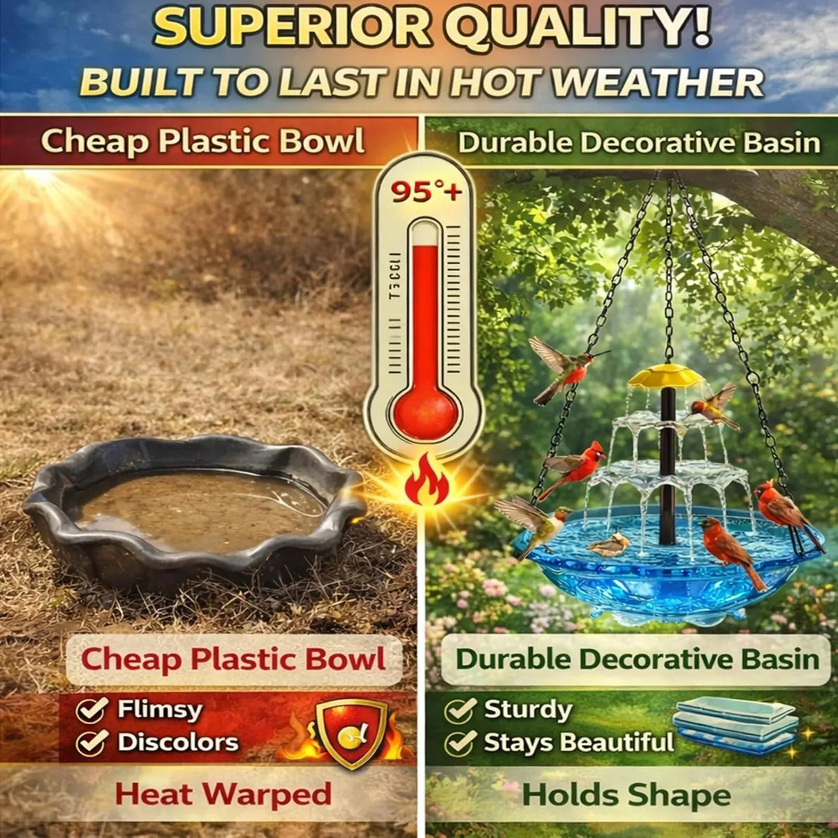 Bird Bath Fountain Solar-Powered Hanging Two-Tier Cascade