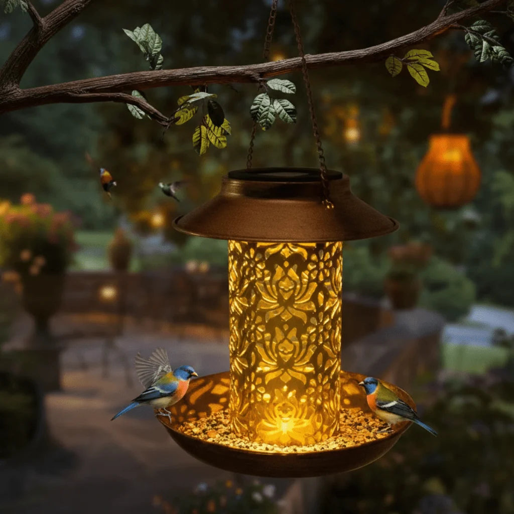 Bird Feeder Metal Solar-Powered LED Lighting