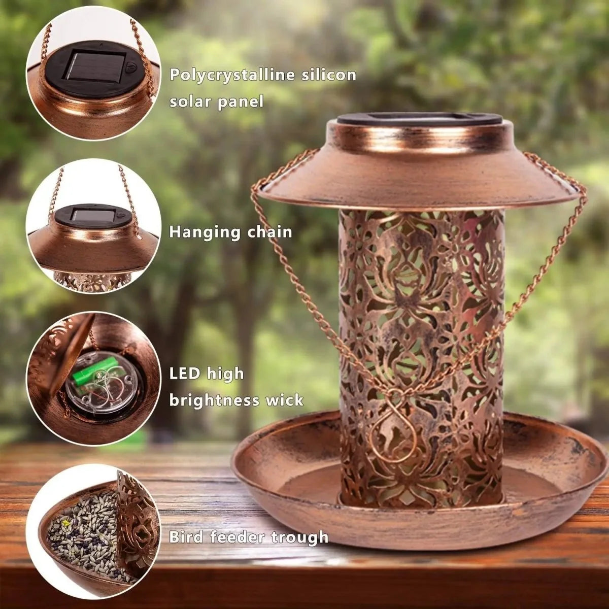 Bird Feeder Solar-Powered LED Metal Outdoor Decor