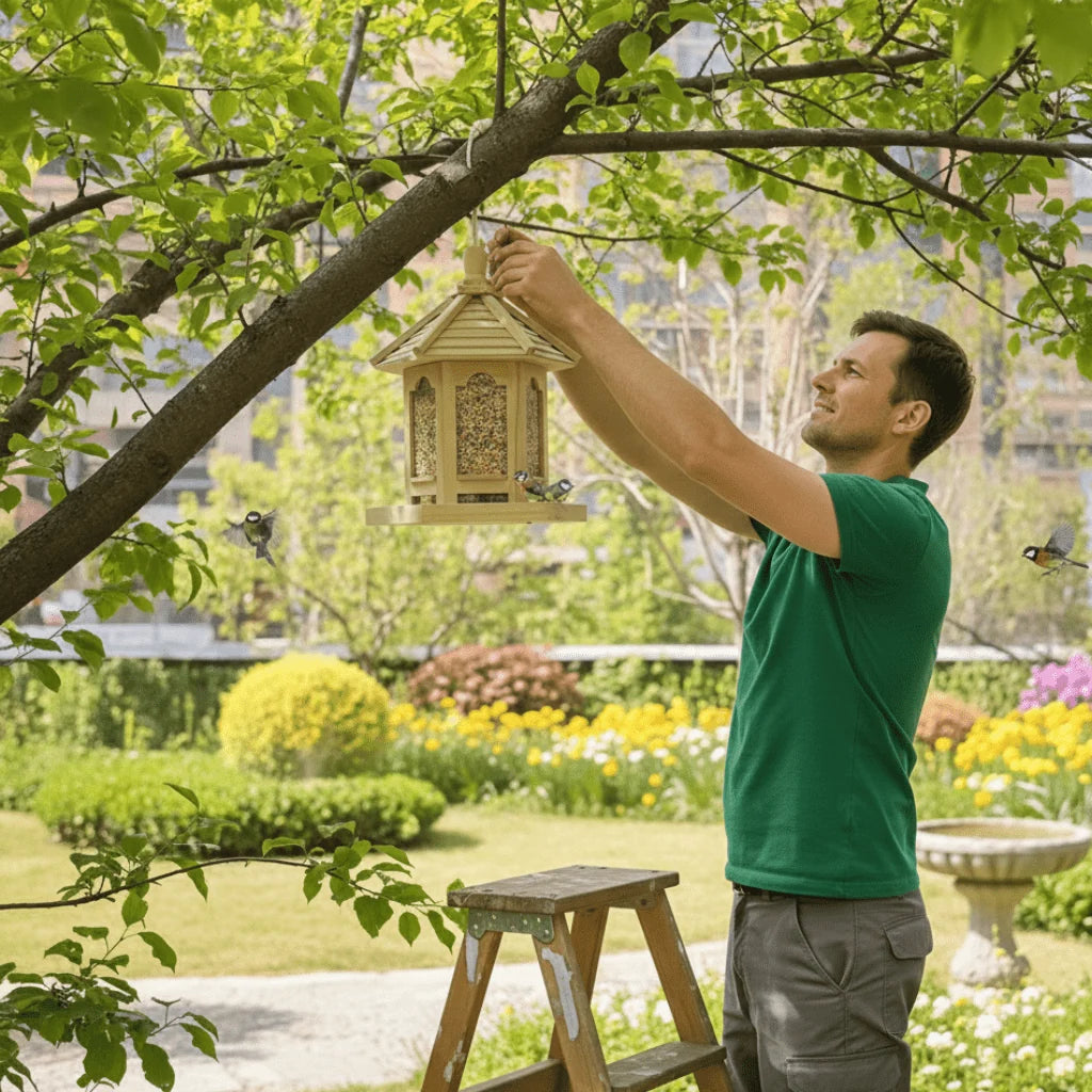 Bird Feeder Wooden Integrated Water System Weather-Resistant