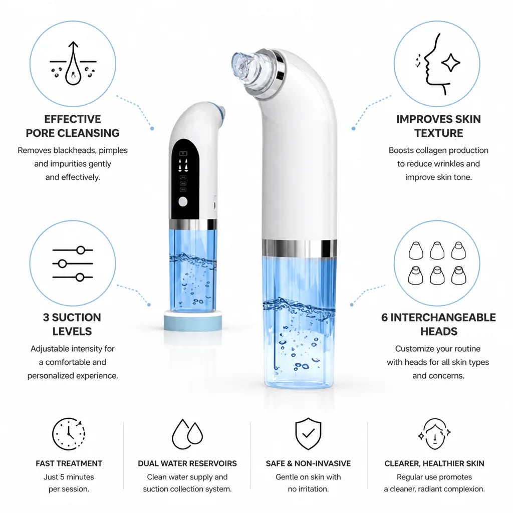 Blackhead Remover Device 3 Suction Levels 6 Interchangeable Heads