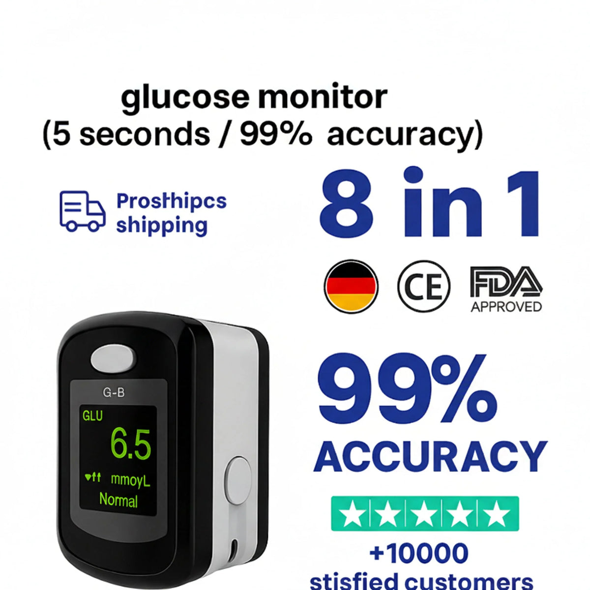 Blood Glucose Monitor Non-Invasive Digital Display 5-Second Readout