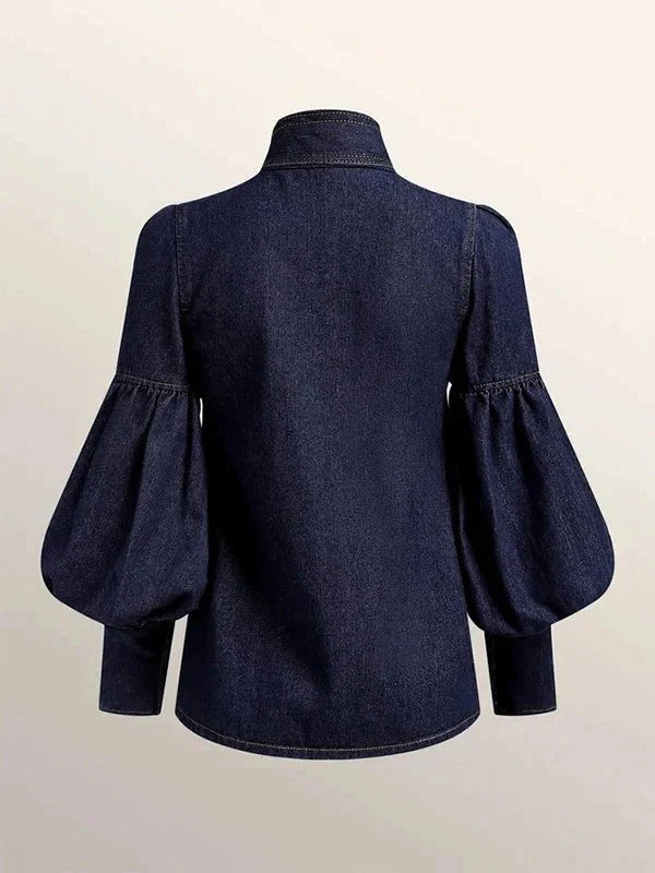 Blouse Fitted Silhouette Long Puff Sleeves Adjustable Neck Tie