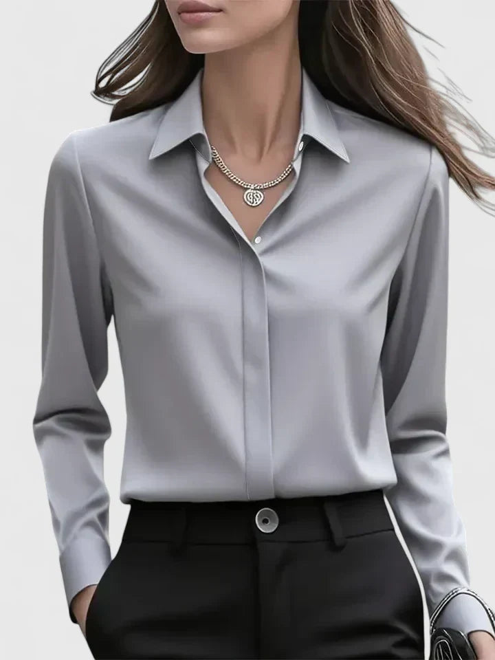 Blouse Satin Finish Long Sleeve Structured Collar