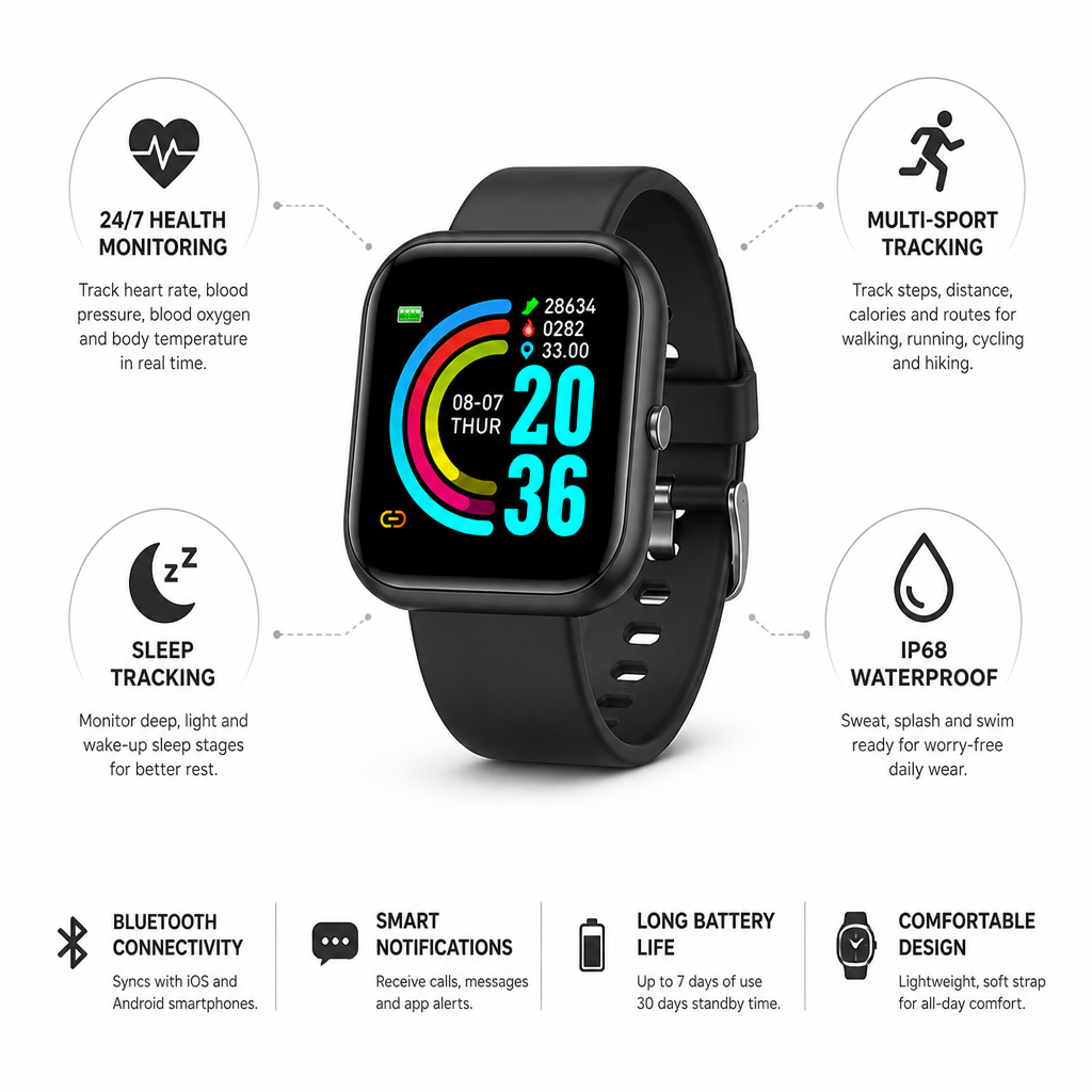 Bluetooth Heart Rate & Sleep Smartwatch (IP68 Waterproof)