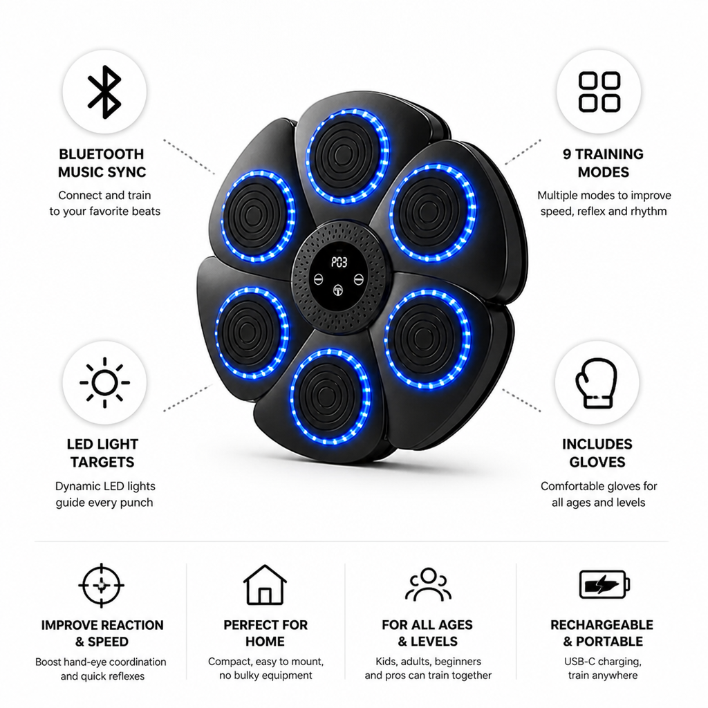 Bluetooth Music-Synced LED Boxing Trainer (Includes Gloves)
