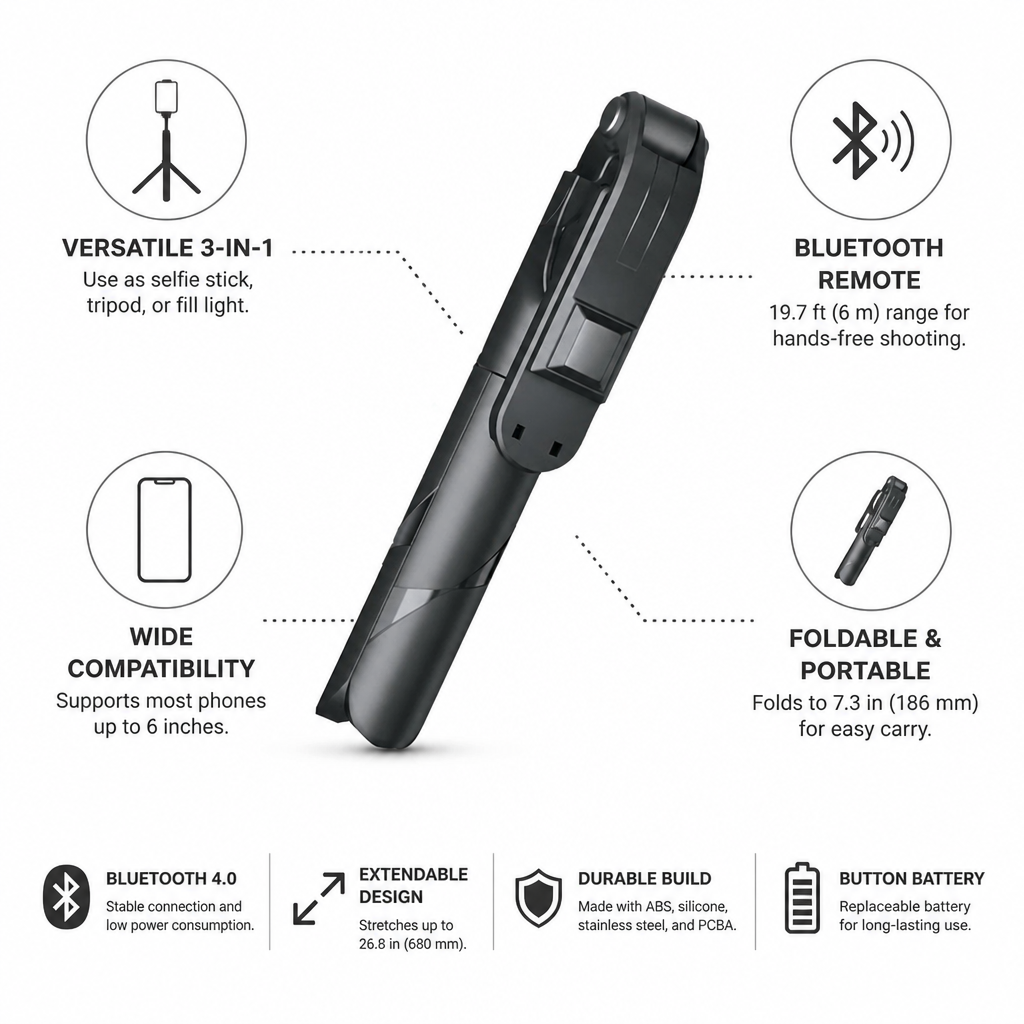 Bluetooth Remote & LED Fill Light Selfie Stick Tripod (Foldable)