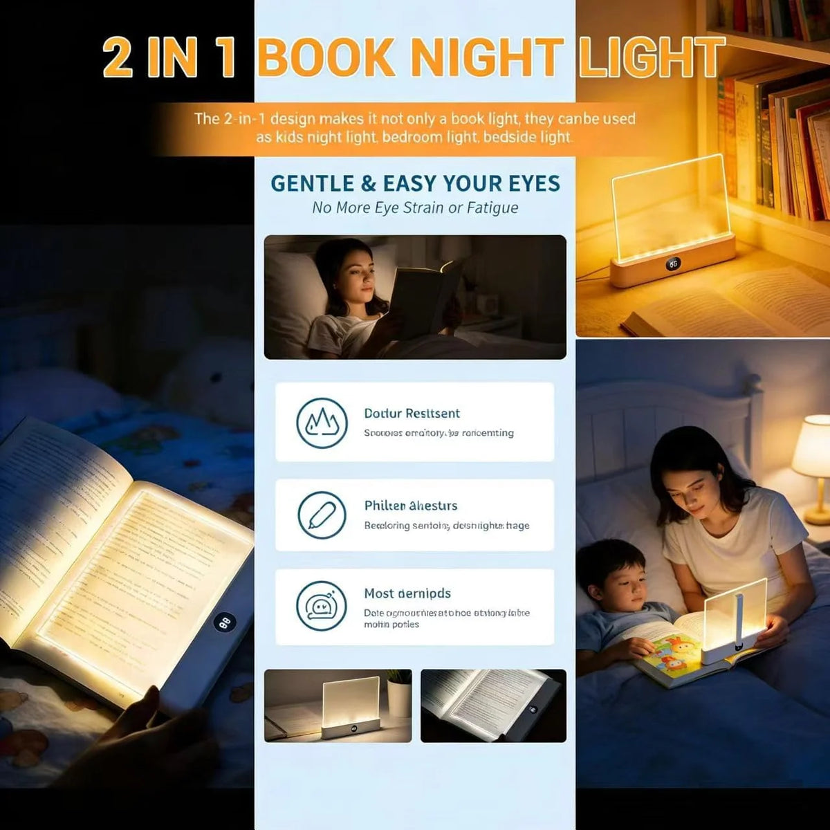 Book Reading Light 3 Color Modes Stepless Dimming 35-Hour Battery Life