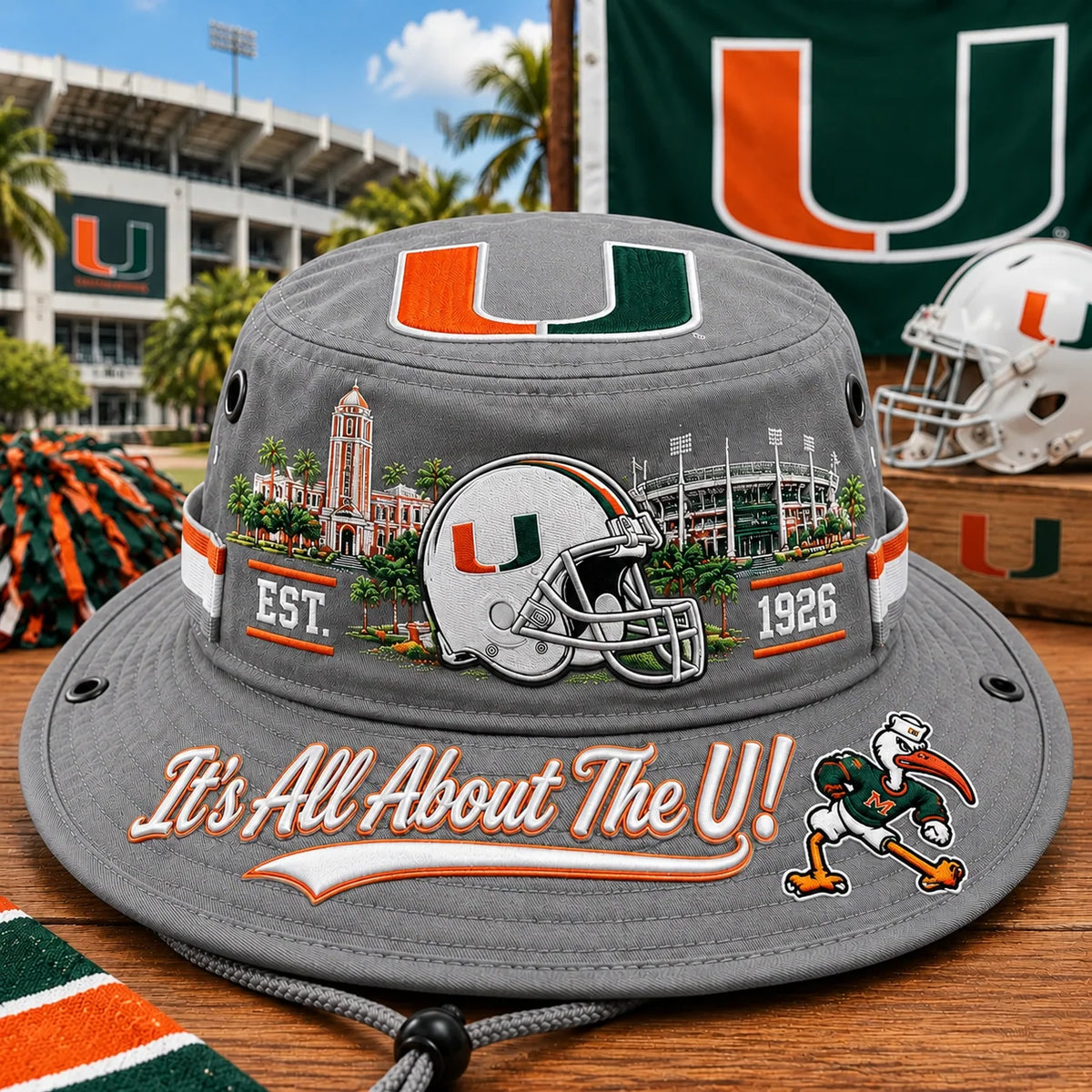 Boonie Hat Football Graphic Wide Brim Adjustable Chin Cord