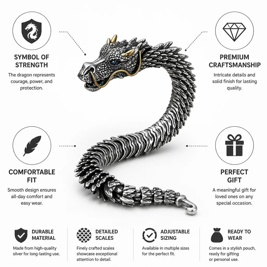 Bracelet Dragon Design Silver Comfortable Fit