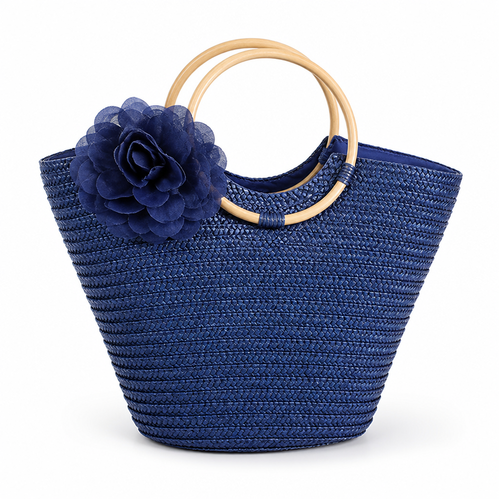 Braided Straw Floral Applique Handbag