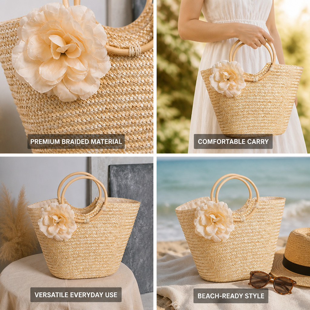 Braided Straw Floral Applique Handbag